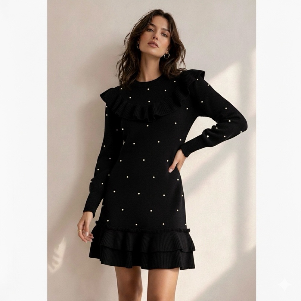 ANNE FONTAINE Federica Black Pearl Embellished Ruffle Knit Sweater Dress Size M